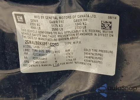 2015 Chevrolet Equinox 1Lt from USA, damaged, VIN 2GNALBEK8F6142265